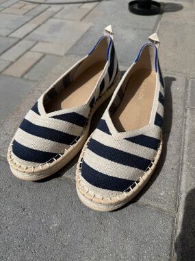 Rothy's Navy and Cream Striped Espadrille Slip-Ons